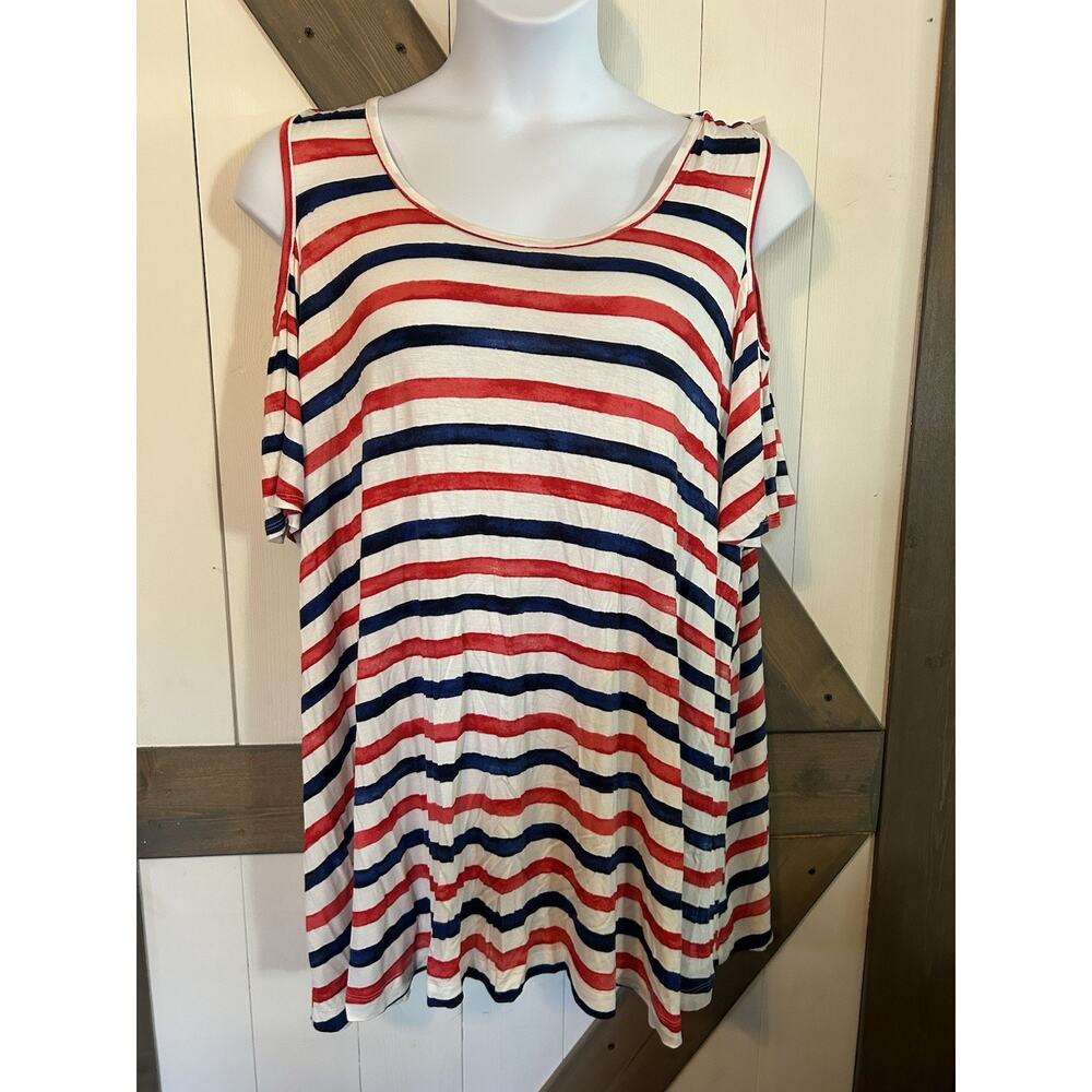 Lane Bryant Red White Navy Stripe Swing Collection Cold Shoulder Swing Tee 22/24